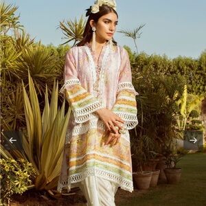 Farah Talib Aziz Pink Floral Silk Tunic with Lace and Embellishment